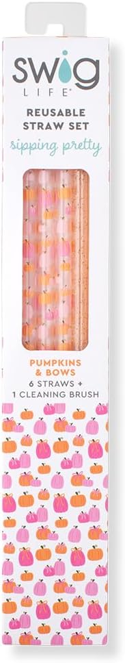 Swig Life Reusable Straws Pumpkins and Bows Tall Straw Set & Cleaning Brush, Each Straw is 10.25 inch Long (Fits Swig Life 20oz, 22oz, and 32oz Tumblers)