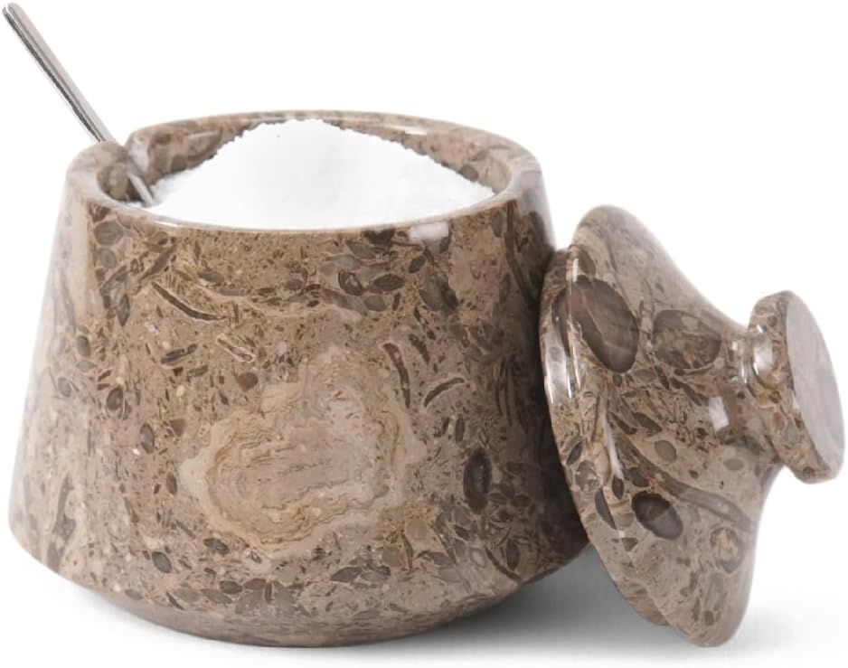 Marble Salt Cellar With Lid & Spoon Oceanic 4" Seasoning & Spice Jar Salt Container - Coffee Candy Holder For Kitchen Counter