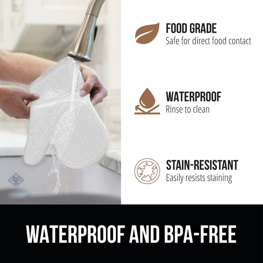 GORILLA GRIP BPA-Free Soft Silicone Oven Mitts and Pot Holders Sets of 4, Heat Resistant Waterproof Cooking Gloves, Thick Cotton Lining, Flexible Gripping for Baking Grilling, Kitchen Trivets, White