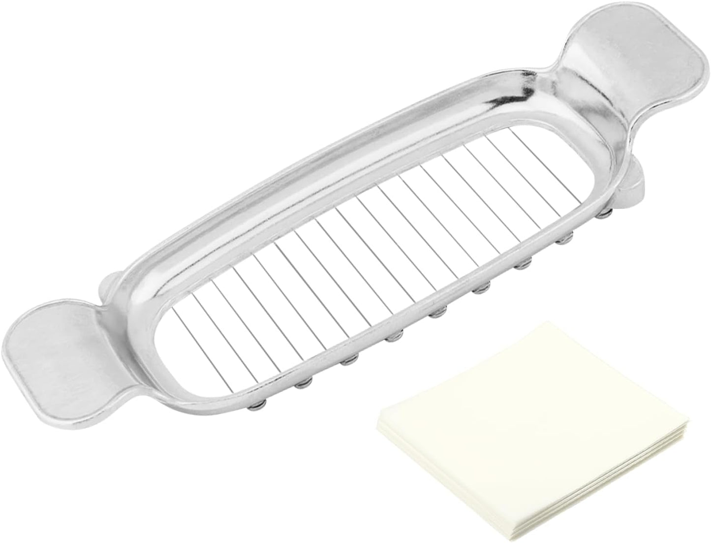 Butter Slicer Cutter for Single Stick Butter, 17 Stainless Steel Wires for Portion Control, 50PCS Baking Paper Included, for Cheese, Egg, Fruit, and Soft Foods, Easy Cleaning, Home Baking or Serving