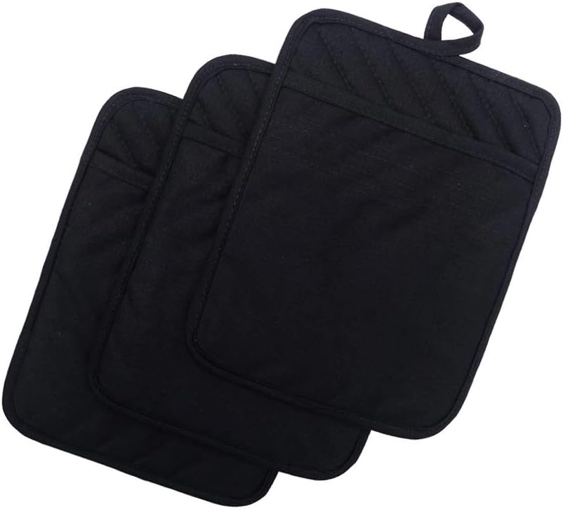 Anyi Cotton Pot Holders with Pocket, Heat Resistant Black Counter Table Hot Pads for Kitchen