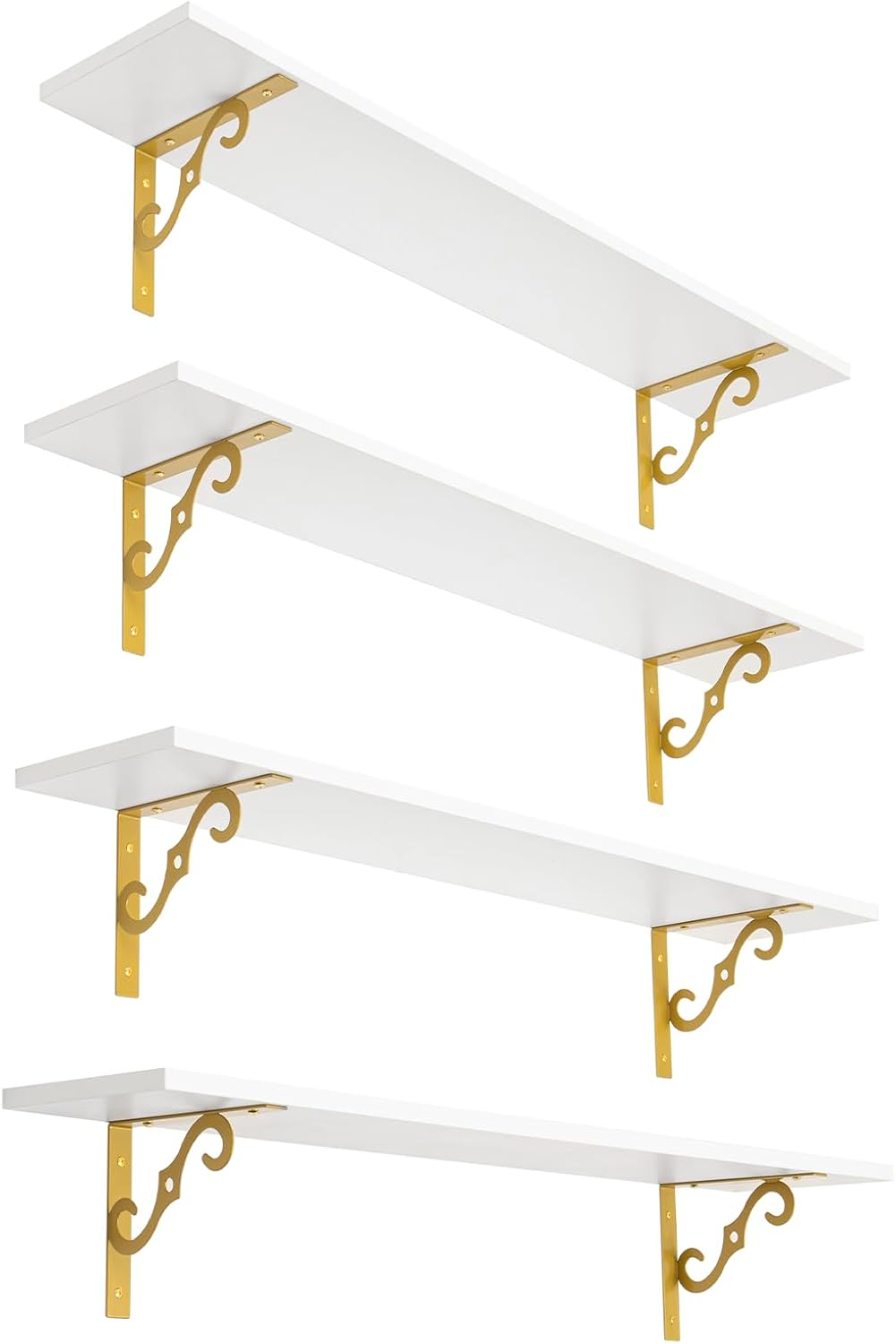 DINZI LVJ Long Wall Shelves, 31.5" Wall Mounted Shelves Set of 4, Wide Floating Shelf for Wall with Metal Brackets, for Living Room, Bathroom, Bedroom, Kitchen, Office, White and Gold