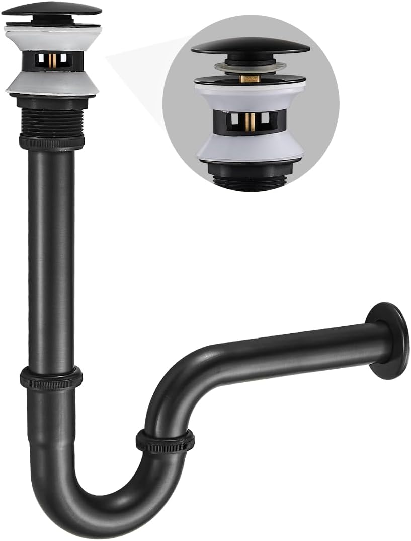 Bathroom Basin Adjustable Height 1-1/4 Bottle Trap, U Shape Sink P Trap Complete Set, Basin Sink Waste Drain Stopper Set with Overflow, Oil Rubbed Bronze