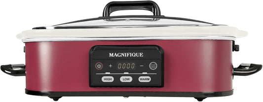 4 Quart Casserole Programmable Slow Cooker with Ceramic Baking Dish - Perfect Kitchen Small Appliance for Family Dinners, Oven Safe and Durable Bakeware for Lasagna, Roasts (Red)