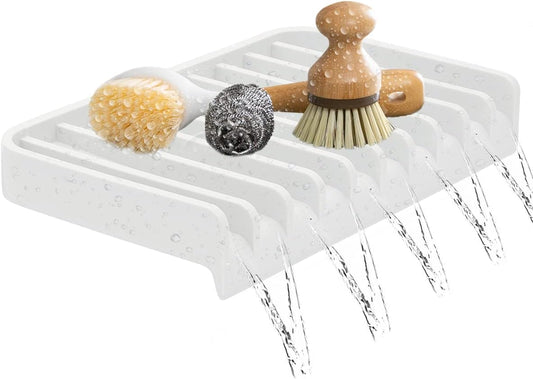 Effilogic Silicone Sponge Holder – Self-Draining Kitchen Sink Organizer, Quick Dry Mat and Counter Protector – Dishwashing Accessories for Sponges, Brushes, and Soap - Large White