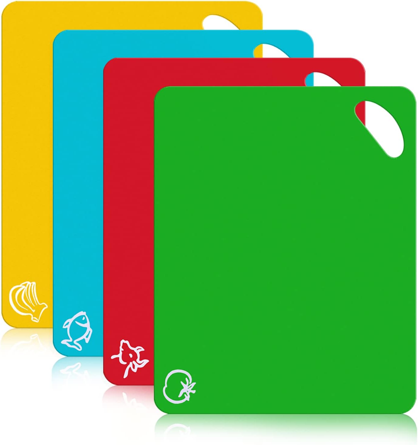 Kitchen Plastic Cutting Board Set - Extra Thick Flexible Cutting Mat for Cooking, Non-Slip Chopping Board with Colored Food Icons & Easy-Grip Handles, Dishwasher Safe, Set of 4
