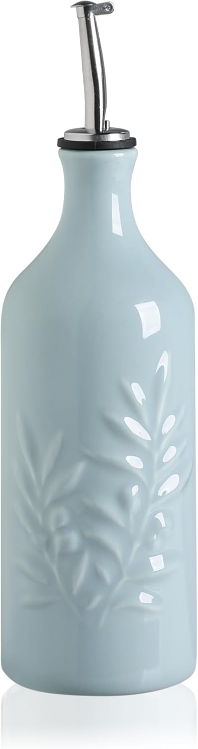 Sweejar Ceramic Olive Oil Dispenser Bottle, 20 Oz Relief Opaque Oil Cruet Protects Oil To Reduce Oxidation, Suitable for Storage Oil, Vinegar, Soy Sauce, Coffee Syrup, Liquids, Set of 1 (Light Blue)