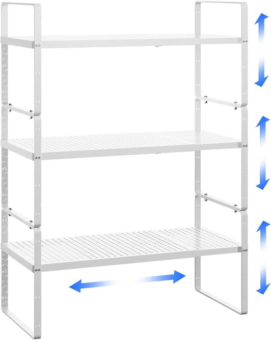 Expandable Cabinet Shelf Organizer Adjustable Metal Spice Rack Stackable Freestanding Counter Storage Shelves for Kitchen Cabinet Under Sink Office Desk (White - 3Pack - L16.5-27'' * W8'' * H9.6'')