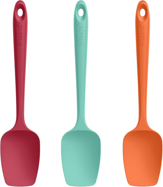 U-Taste Silicone Spoon Spatula Set: 480ºF Heat Resistant Food Grade Flexible Rubber Spoonula, Nonstick Cooking Mixing Scooping Kitchen Baking Scraper Utensils Set of 3 for Pan, Pot, Bowl (Colorful)
