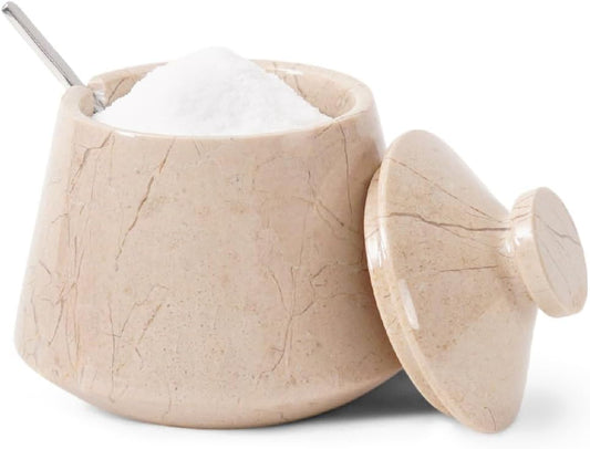 Marble Salt Cellar 4" Inches Salt Jar, Verona Natural Stone Spice and Flaky Salt Holder with Lid For Kitchen Storage, Decorative Brown Sugar Keeper