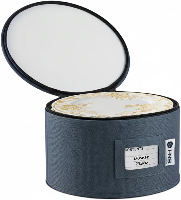 Dinner Plates Storage Container - Hard Shell China Organizer with Dividers - Holds 12 Plates of 12" - Durable & Stackable Storage Box for Seasonal Dishware Protection - Denim Blue