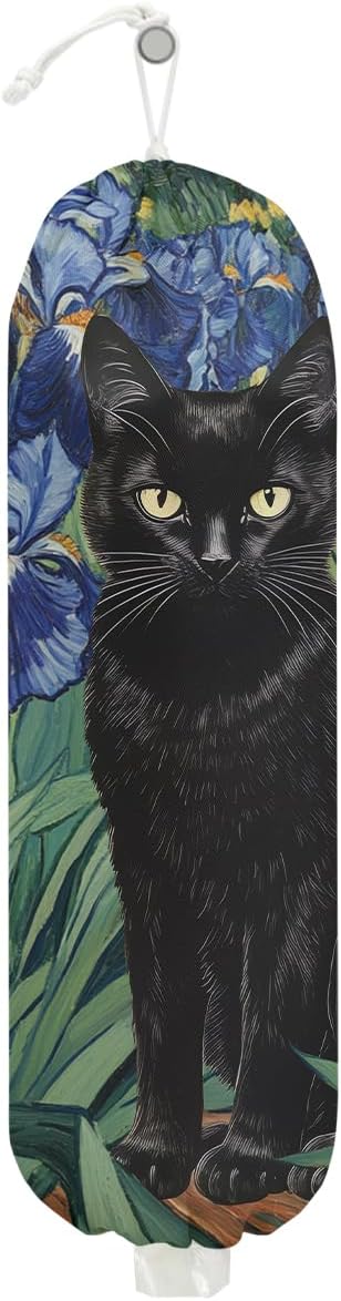 Flower Cat Plastic Bag Holder, Wall Mount Grocery Bag Holder, Plastic Storage bag, Pull Rope Free Adjustment, Plastic Bag Holders for Grocery Bags, Plastic Bag Dispenser for Home Kitchen