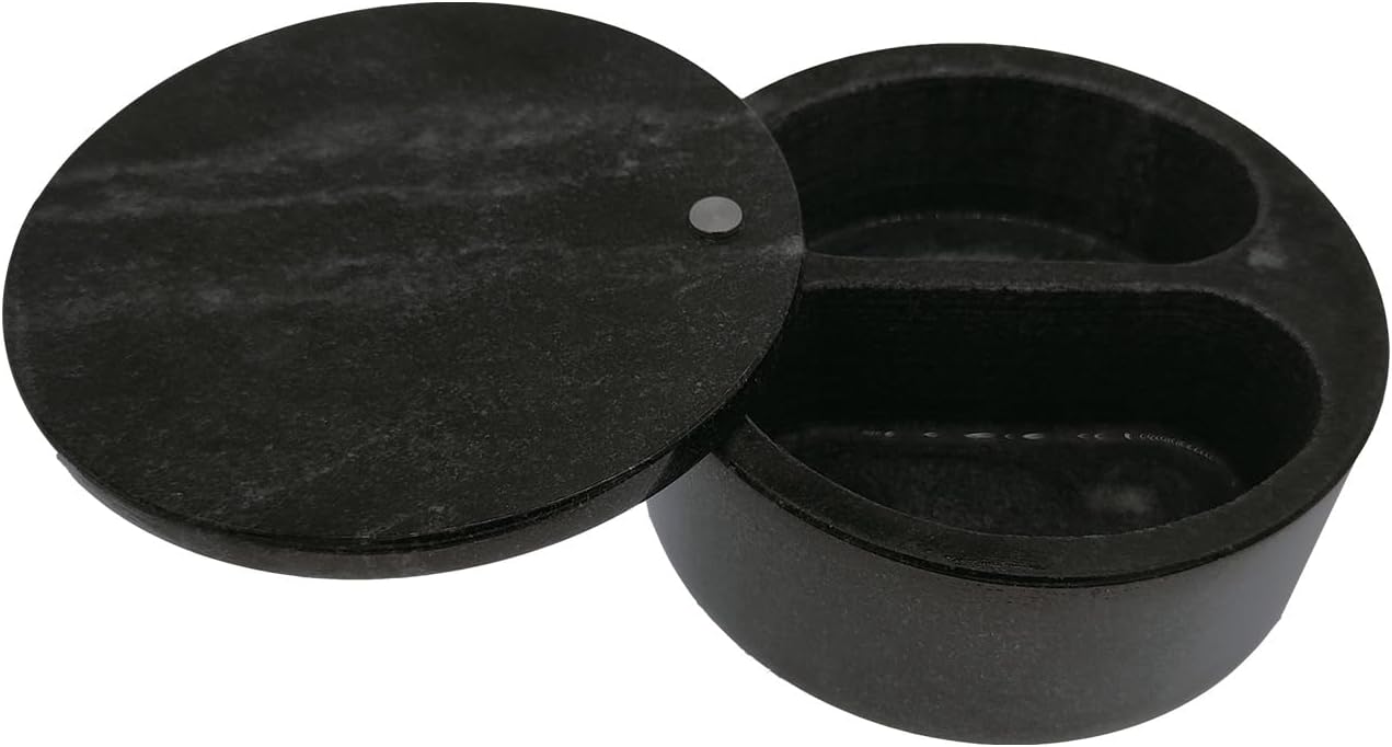 Marble Salt Cellar and Storage Box with Two Compartments Salt Box with Swivel Lid for Storing Spice (Black)