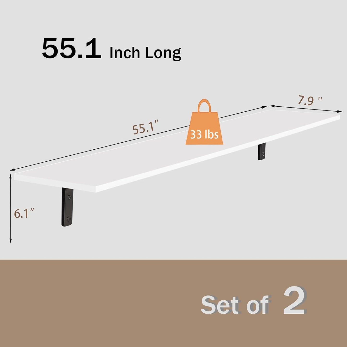 DINZI LVJ Long Wall Shelves, 55.1Inch Wall Mounted Shelves Set of 2, Extra Large Floating Storage Ledges with Sturdy Metal Brackets for Living Room, Bathroom, Bedroom, Kitchen, White