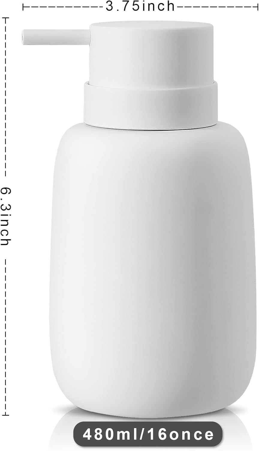 Ceramic Hand Soap Dispenser for Bathroom,16OZ Matte Dish Soap Dispenser for Kitchen Sink,Refillable Liquid Lotion Dispenser with Easy-to-Press Pump Rubber Paint (White)