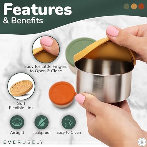Everusely - Stainless Steel Food Containers - 3 Pack, Muted - Lunch Box - Snack Containers for Office, Home Food Storage - Leakproof with Silicone Lids - Dishwasher & Freezer Safe