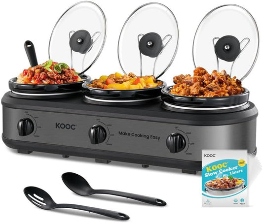 KOOC Triple Slow Cooker Buffet Server and Food Warmer 3x1.5 Quart Individual Temp Control With Lid Rests & Spoons With Liners Included Grey