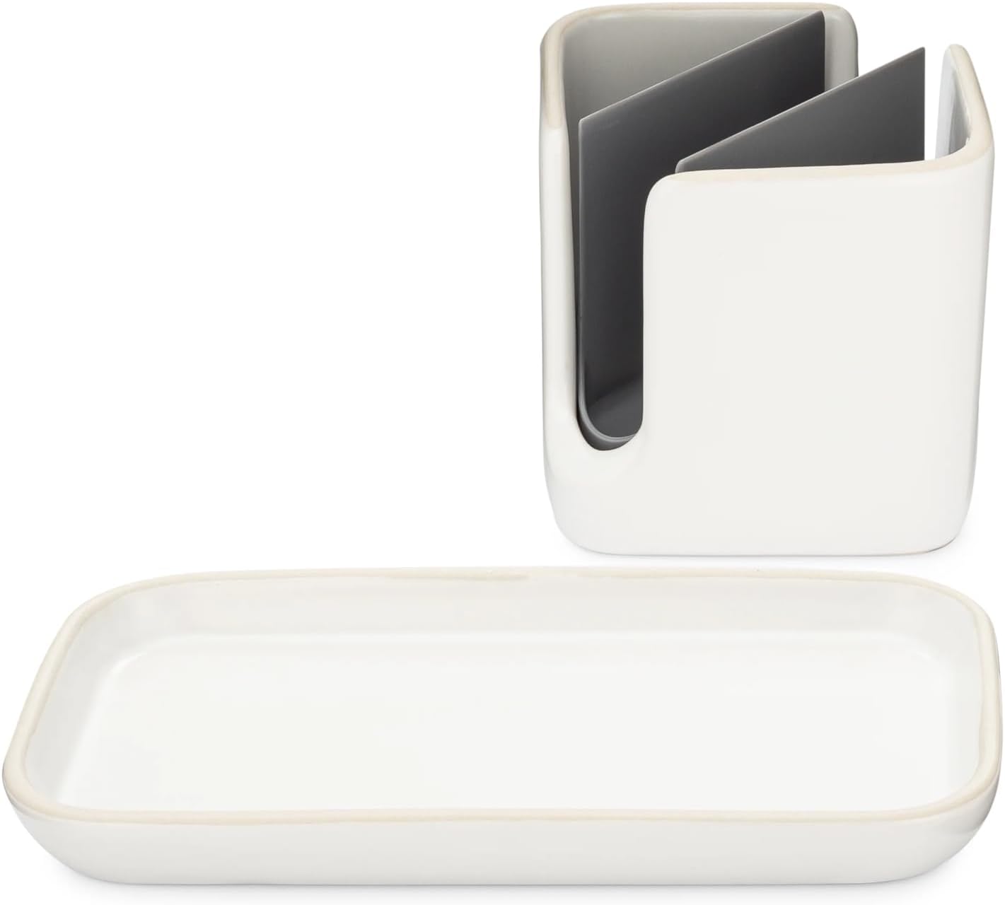 Full Circle Stash, Ceramic Kitchen Sink Caddy, Stylish Modular Sponge Holder & Dish Brush Organizer, White/Gray, 11"