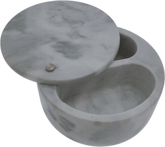 Marble Salt Cellar and Storage Box with Two Compartments Salt Box with Swivel Lid for Storing Spice (White)