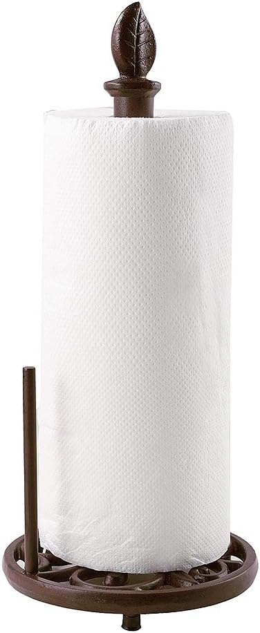 JOGREFUL Paper Towel Holder Stand, Cast Iron Kitchen Paper Towel Countertop Vintage Stand with Weighted-Base, Bathroom Organization for Family Standard Large Size Roll Paper, Leaf Top, Brown
