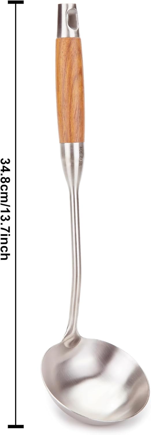 FJNATINH Soup Ladle, 13.7inches Ladle for wok, 304 Stainless Steel wok spatula,Wooden Handle