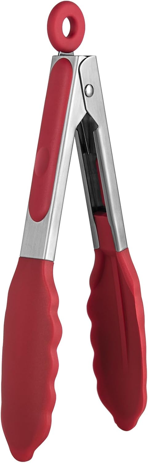 480ºF Heat Resistant Kitchen Tong: U-Taste 7 inch Silicone Cooking Tong with Firm Sealed Non Stick Rubber Tips & Silicon Coated 18/8 Stainless Steel Handle & Smooth Locking for Serving Salad (Red)