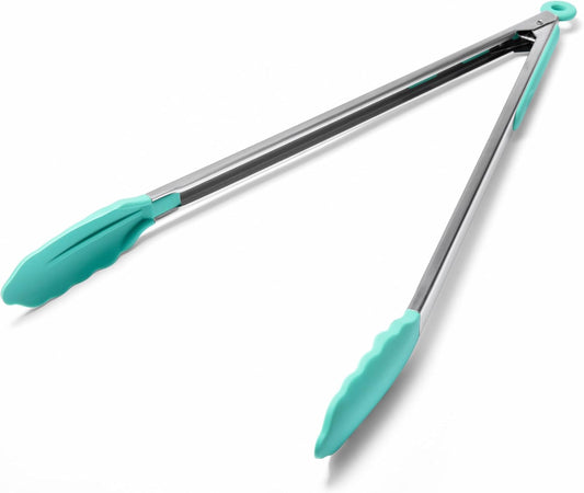 Doosu Kitchen Tongs for Cooking - 600°F Heat Resistant Food Tong with Non-Scratch Silicone Tips, Heavy Duty Stainless Steel Locking Tong for BBQ, Grilling Steak, Serving Salad, Pasta (16in, Aqua Sky)