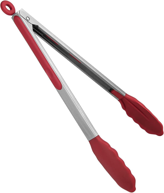 Heat Resistant Silicone Kitchen Tong: U-Taste 12 inch Large 480ºF Hot Proof Cooking Tong with Sturdy Non Stick Rubber Tips & Silicon Coated Steel Handle & Smooth Locking for Serving Grill Salad (Red)