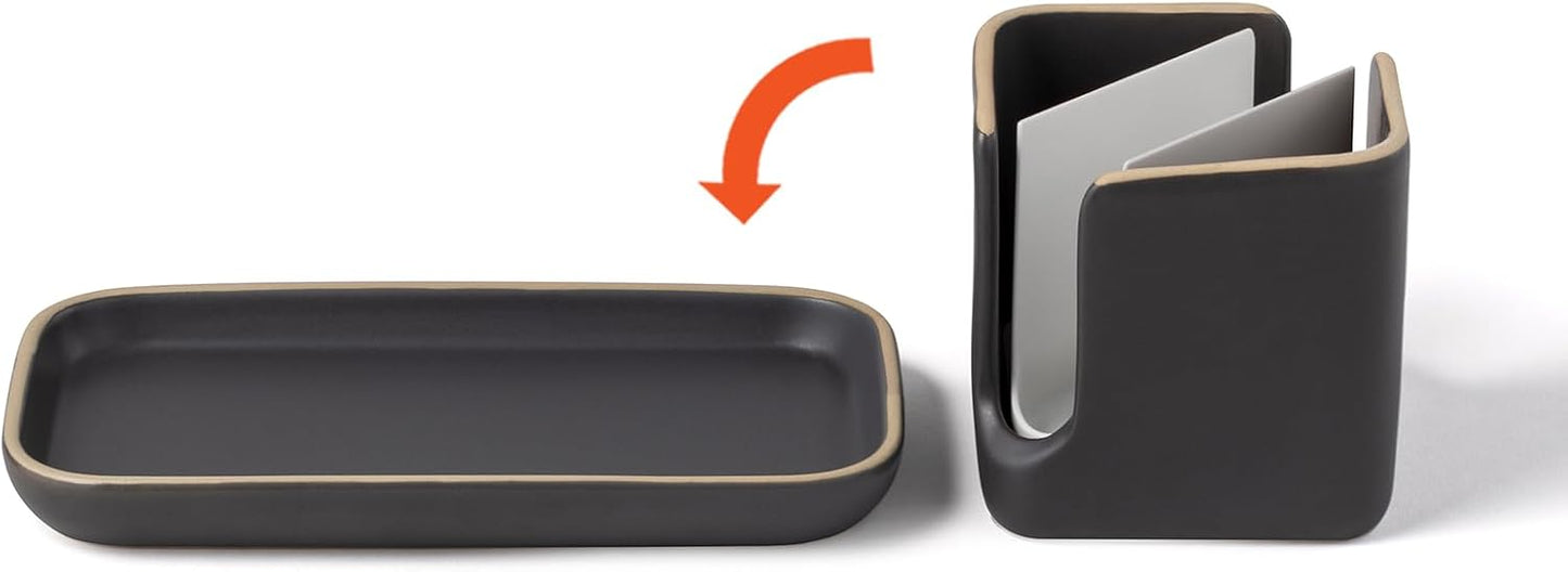 Full Circle Stash, Ceramic Kitchen Sink Caddy, Stylish Modular Sponge Holder & Dish Brush Organizer, Gray and White, 11"