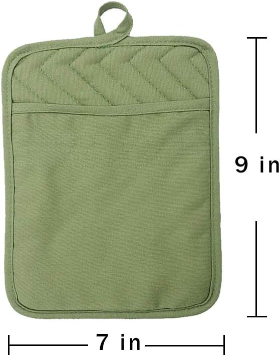 Anyi Heat Resistant Pot Holders, Cotton Hot Pads for Counter & Table, Green with Pocket