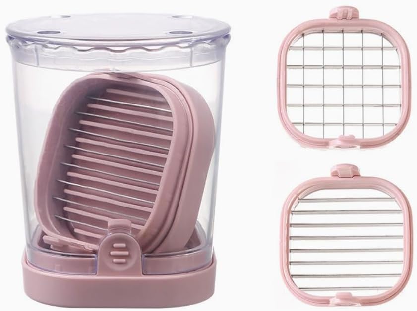 Fruit Slicing Cup - halteoly, 2 in 1 High Speed Cutter for Strawberries, Bananas, Grapes, Eggs etc Stainless Steel Vegetable Dicer, Kitchen Gadget, Kitchen Portable Slicing Tool (Pink)