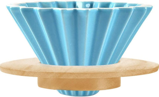 Ceramic Coffee Dripper Pour Over Coffee Maker with Wood Stand Elegant Flower Shape V60 Filter (blue)