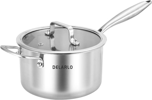 DELARLO Tri-Ply Stainless Steel Saucepan, 3.5 QT Saucepan with Lid, All Stove Compatible 600℉, Induction Sauce Pot, Heavy Duty Saucier, Dishwasher Safe Saucepan, Induction Pot 3.5 Quart, Even Heat