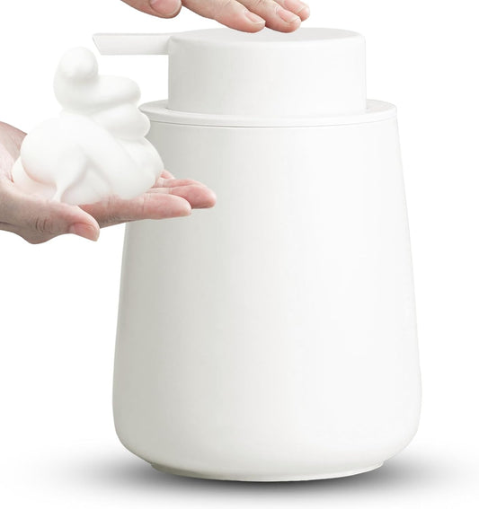 Foaming Soap Dispenser - 12 Oz Ceramic Foam Hand Soap Dispenser for Bathroom, Face Wash Dispenser Bottle with Foaming Pump, Refillable Lotion Dish Soap Foam Dispenser for Kitchen, Matte White