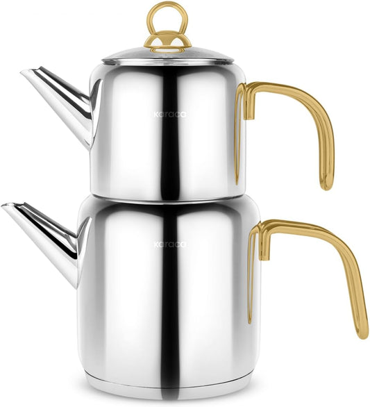 Karaca New Mira Turkish Tea Set for Stovetop, Induction Base Stainless Steel Tea Maker (1L Teapot & 2L Tea Kettle), Dishwasher Safe, Non-Burning Gold Handles Samovar Style