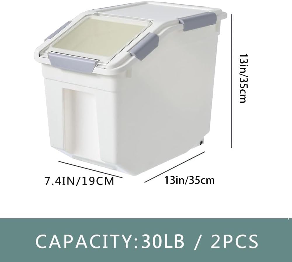 30Lbs 2 Pack Food Storage Container with Scoop, Airtight Rice Storage Bins Flour Containers Pet Food Dispenser with Handle & Wheels, Plastic Kitchen Pantry Organization for Cereal Baking Supplies