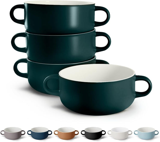 Kook Soup Crocks, Ceramic Bowls, Broil, Oven, Microwave and Dishwasher Safe, with Handles, For Casserole, Pasta, Cereal, 18 oz, Set of 4 (Hunter Green)