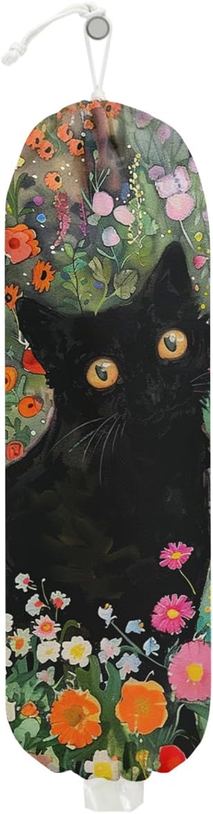 Flower Cat Plastic Bag Holder, Wall Mount Grocery Bag Holder, Plastic Storage bag, Pull Rope Free Adjustment, Plastic Bag Holders for Grocery Bags, Plastic Bag Dispenser for Home Kitchen Pantry