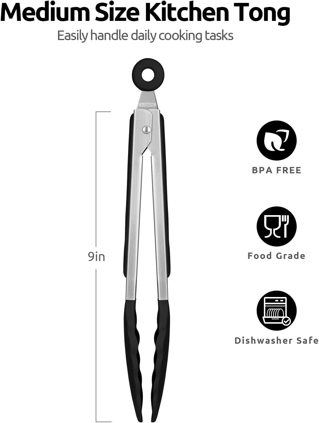 Heat Resistant Silicone Kitchen Tong: U-Taste 9 inch 480ºF Hot Proof Cooking Tong with Firm Sealed Non Stick Rubber Tips & Silicon Coated Steel Handle & Smooth Locking for Serving Grill Salad (Black)