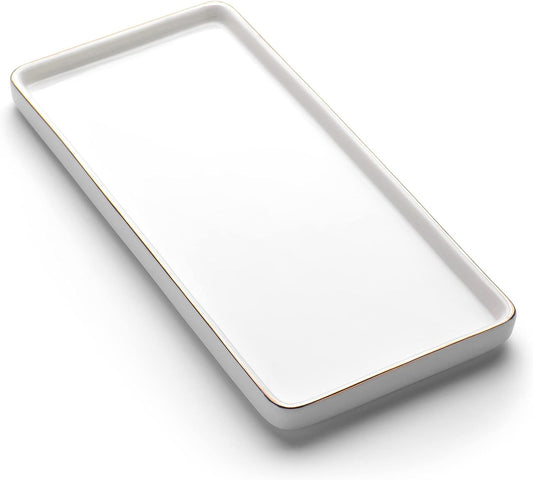 Gurygo 8" Bathroom Tray, Ceramic Vanity Trays for Bathroom, Small Ceramic Trays, Kitchen Soap Tray for Kitchen Counter (White with Gold-Edged, 8",Set/1)
