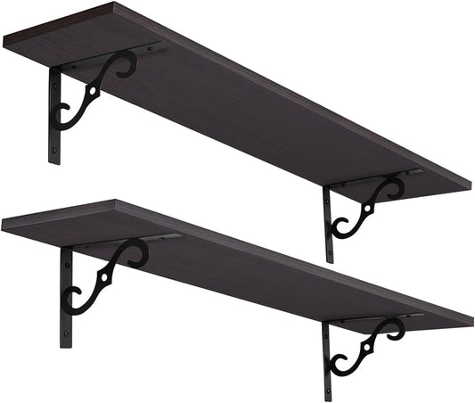 DINZI LVJ Long Wall Shelves, 31.5 Inch Large Floating Shelves Set of 2, Wide Display Shelf Wall Mounted with Brackets, Easy Hanging for Living Room, Toilet, Office, Bedroom, Espresso
