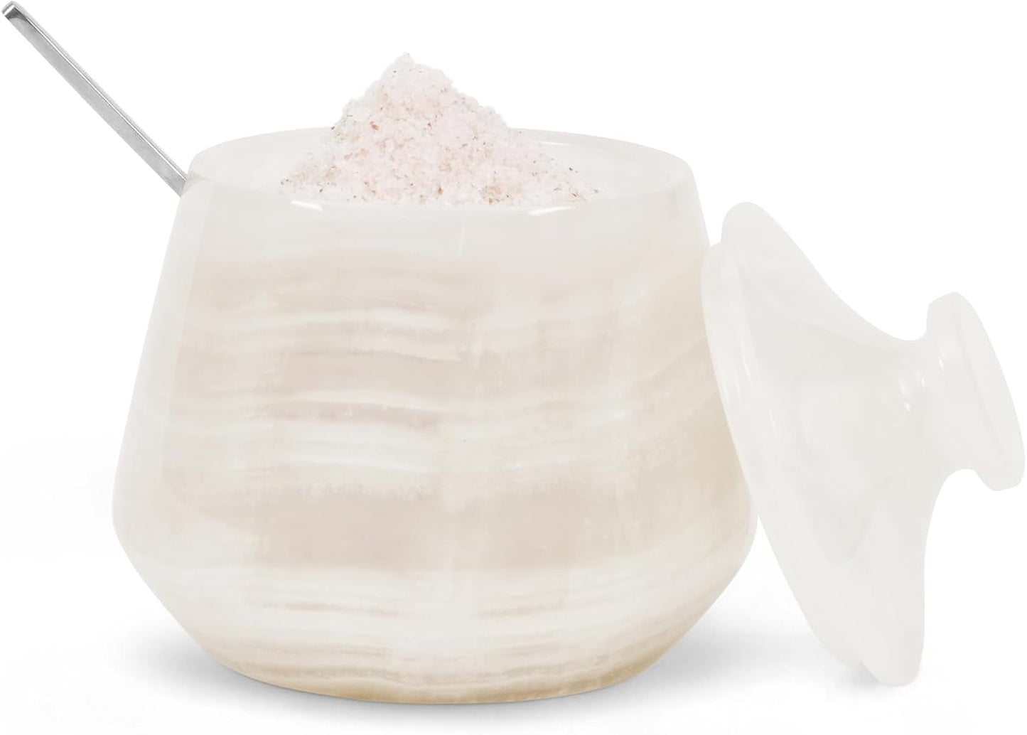 Marble Salt Cellar With Lid & Spoon 4 Inch Stone Salt Container, Seasoning Spice Jar Holder & Jewelry Storage, Salt Box For Kitchen Counter (White Onyx)