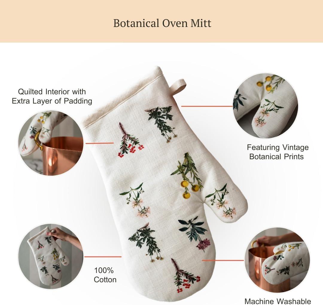 Elegant Vintage Oven Mitt - Heat Resistant Oven Glove with Botanical Print - Perfect for BBQ, Baking, Cooking and Grilling