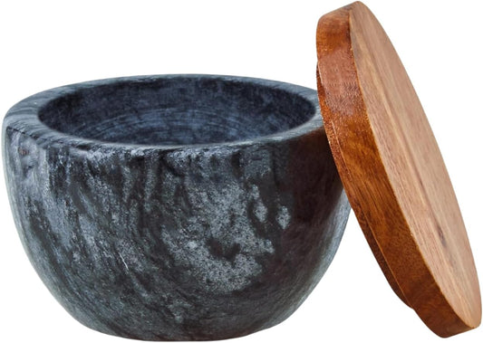 Marble Salt Cellar with Wood Lid, Natural Stone Salt box, Spice Bowl Salt Holder, Seasoning Keeper Pepper Jar, Salt Container for Countertop Kitchen
