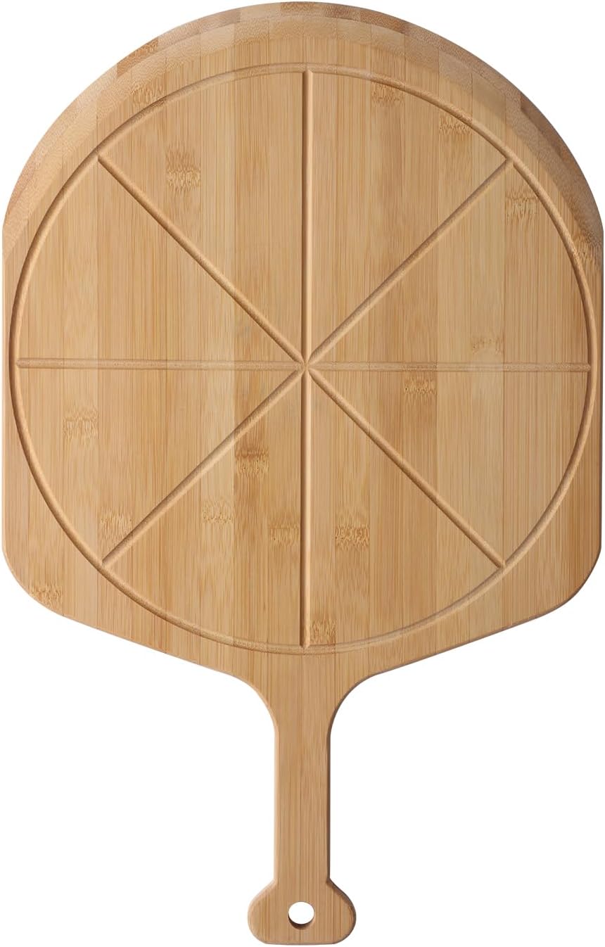 14” Bamboo Pizza Peel - Lightweight Smooth Wooden Pizza Paddle and Pizza Cutting Board with 8 Slice Grooves, Outdoor Pizza Oven Accessories, 21.6 Inch x 14 Inch