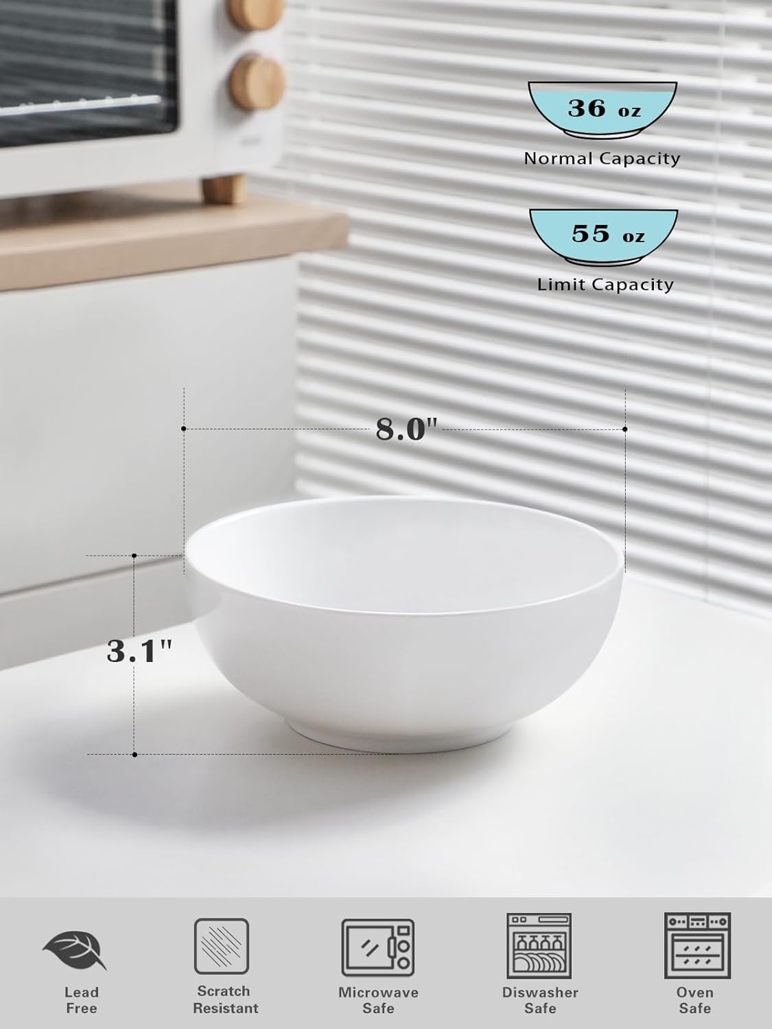 Kanwone Large Serving Bowls - 55 Ounce, Porcelain Salad Bowls, Pasta, Ceramic Soup Bowls, Set of 2, Serving Dishes for Entertaining, Housewarming Gift, Microwave and Dishwasher Safe, White