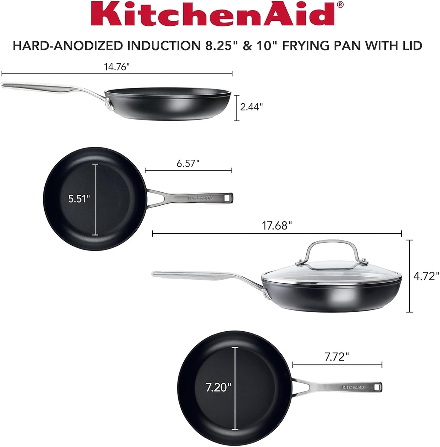 KitchenAid Hard Anodized Induction Nonstick Frying Pan Set With Lid, 3-Piece – 8 & 10 Inch Skillets, Durable, Even Heating, Dishwasher & Oven Safe, Easy-Clean, Matte Black