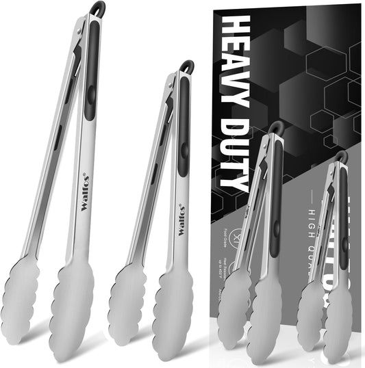 Walfos Stainless Steel Kitchen Tongs for Cooking, BBQ - 7 ，9, 12 and 14 Inch,Set of 4 Heavy Duty Locking Metal Food Tongs Non-Slip Grip