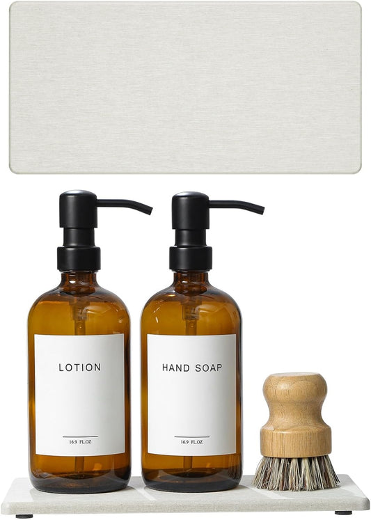 2PCS 10"x 5" Large Bathroom Sink Vanity Trays, Water Absorbing Diatomite Stone Quick Drying Mat for Kitchen Counter, Dish Rack Dispensers Sponge Holder Caddy Organizer, Beige, 10"x 5"