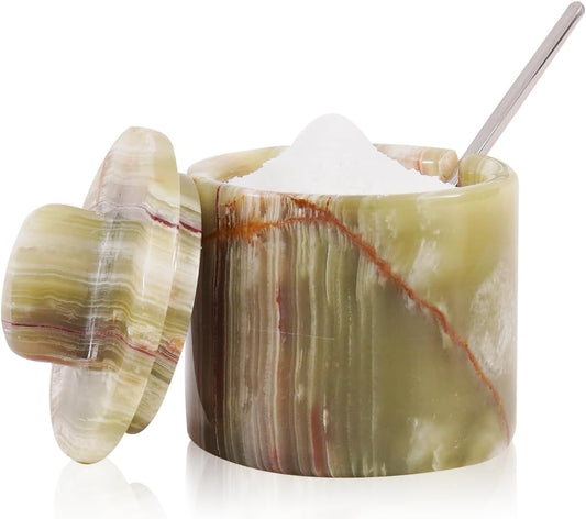 Marble Salt Cellar with Lid and Spoon 4 Inch Handmade Green Small Seasoning Containers - Decorative Spice Jars, Sugar Bowl & Flaky Salt Dish for Kitchen Countertop Storage